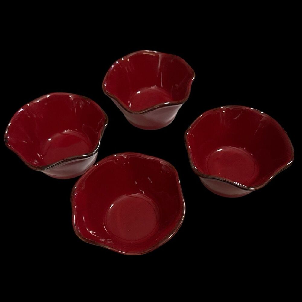 4 Cinnabar Red Ruffled Edge Ceramic Dipping Bowls Ramekins 4.5" X  2.5" Portugal